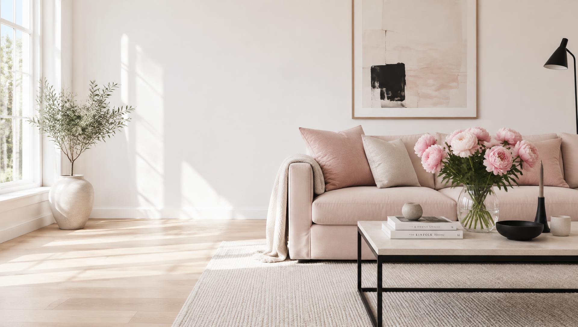 Ljust och nystädat vardagsrum med rosa detaljer